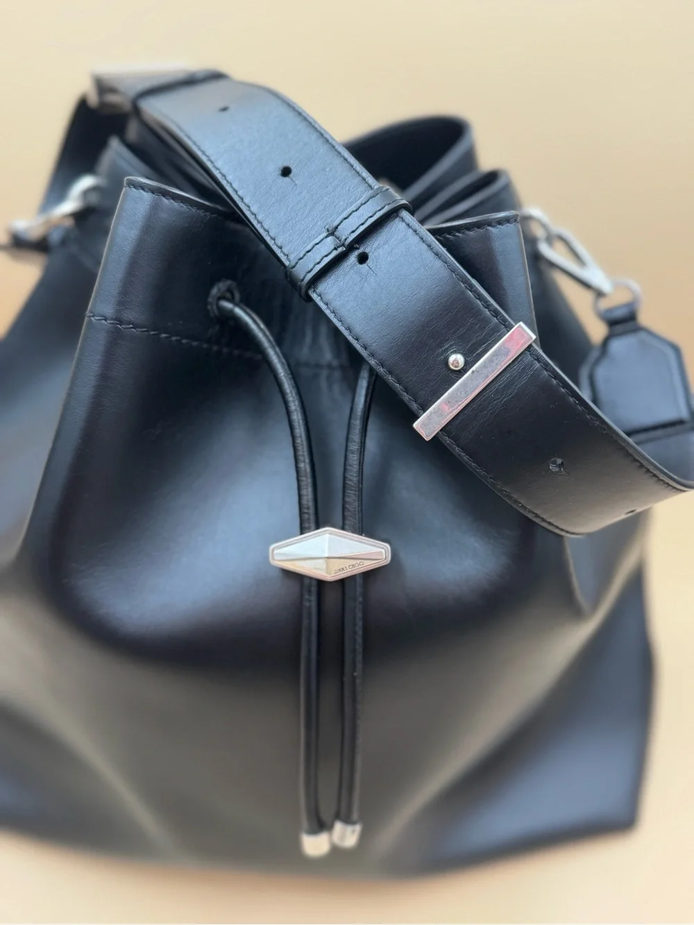 Jimmy Choo Cinch L Black Calf Leather Bucket Bag NWT Full Set